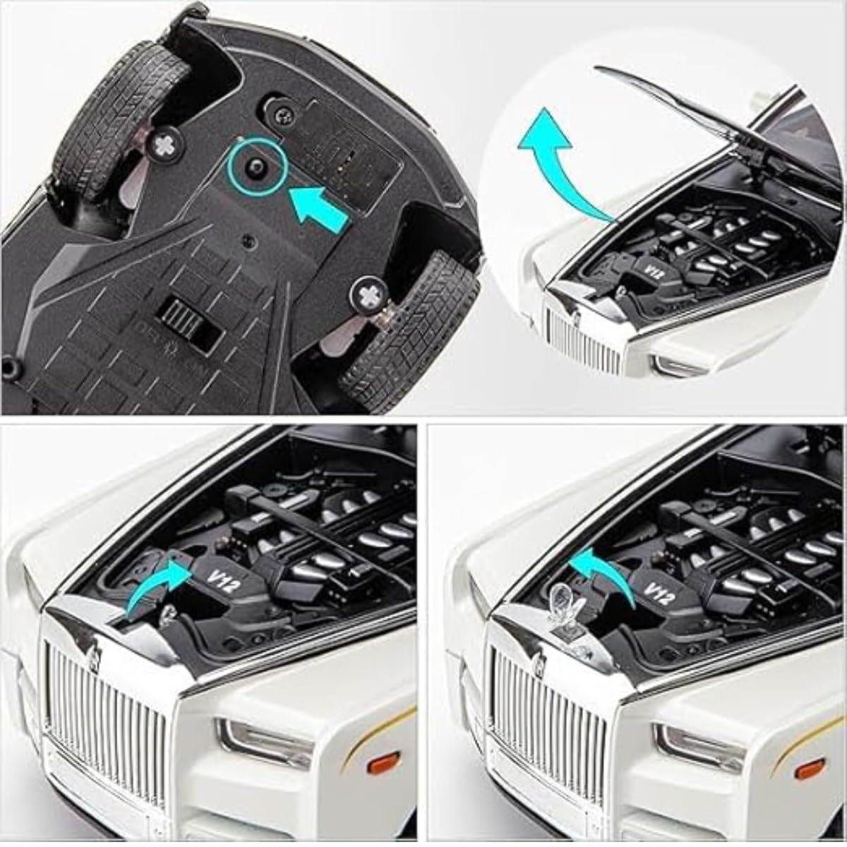 Rolls Royce Model Car 1:24 Scale Exclusive Alloy Metal Car Pull Back Die-cast Car Toy car with Openable Doors & Light Music Boys Toys for Kids (Rolls Royce Phantom White)