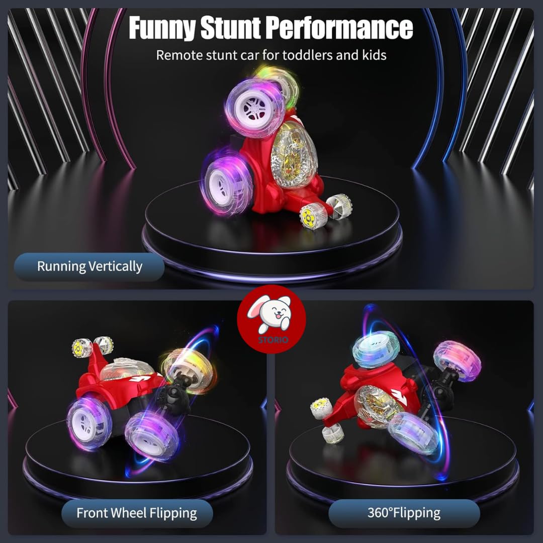 Rechargeable 5 Functions 360° Rotating & Rolling Big Stunt Car Toy with USB Cable & Remote Controller with Demo Feature | Green Color, Power Source: Lithium Battery in Car (Included)