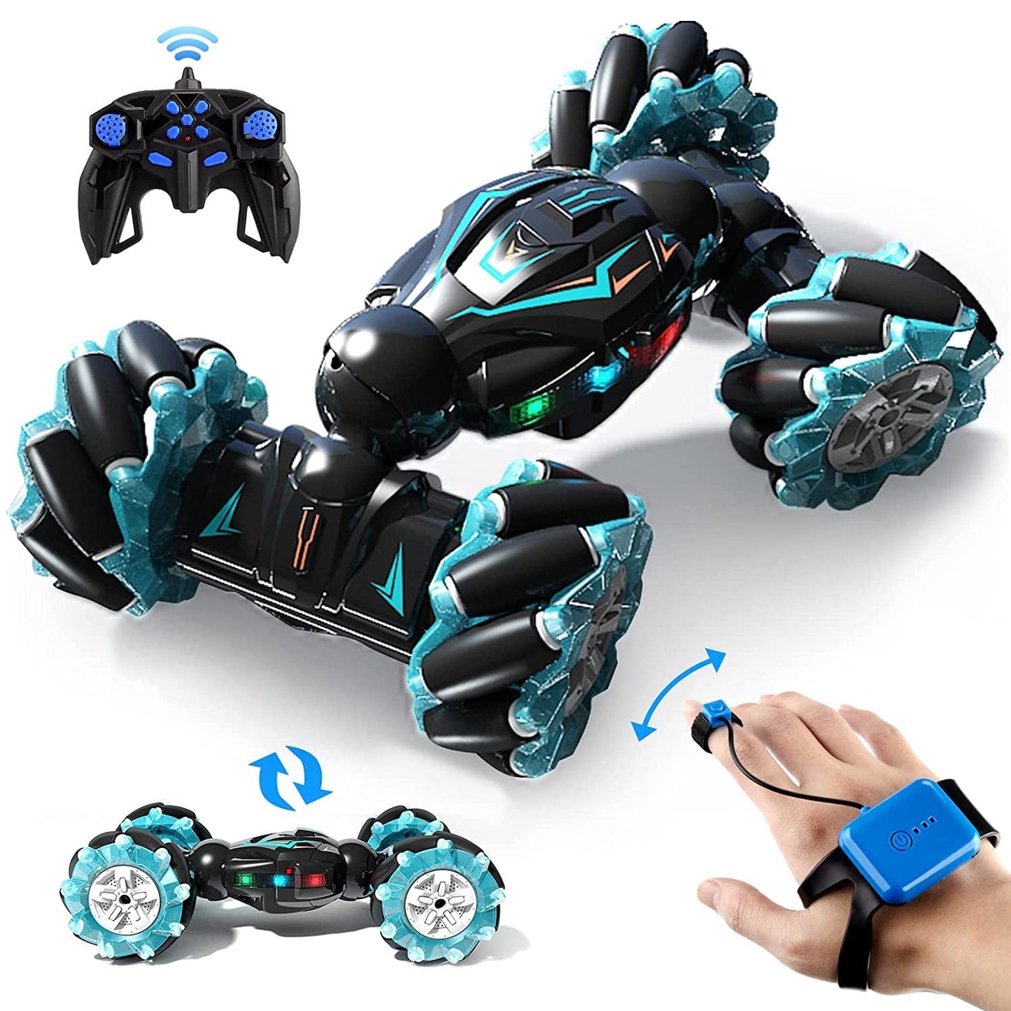 Rc Stunt Car, 2.4Ghz 4Wd Remote Control Gesture Sensor Toy, Double Sided Rotating Off Road Vehicle 360° Flips with Lights Music, for Boys