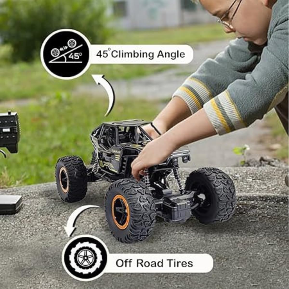 EV Off roader High Speed RC Car with Smoke & Spray| Certified Durable & Safe| Styled as Rock Crawler/Monster Truck| USB C-Type Rechargeable Remote Control Car for Kids|Made in India, Blck, Black
