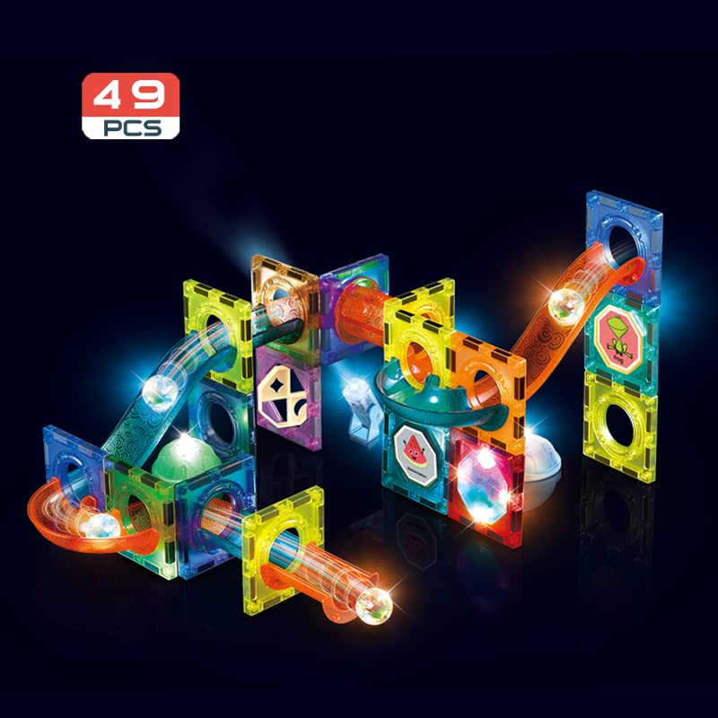 Light Magnetic Tiles Building Blocks for Kids (49 Pc) 3D Clear STEM Educational Toys Magnetic Marble Run for Boys & Girls