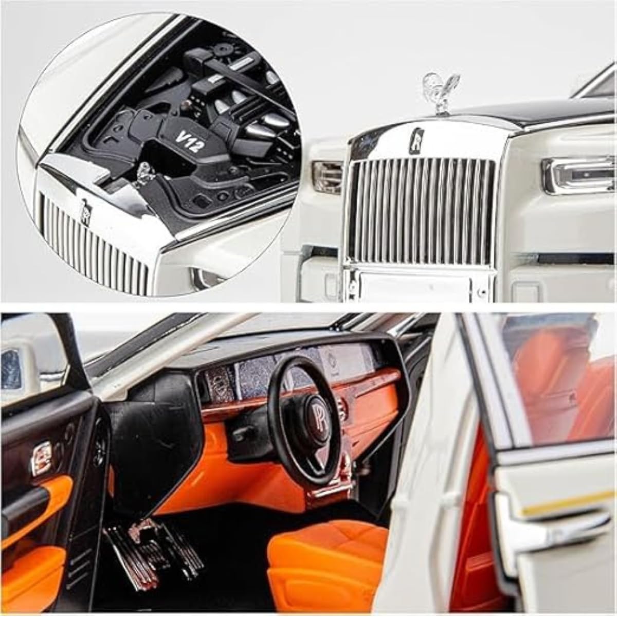 Rolls Royce Model Car 1:24 Scale Exclusive Alloy Metal Car Pull Back Die-cast Car Toy car with Openable Doors & Light Music Boys Toys for Kids (Rolls Royce Phantom White)