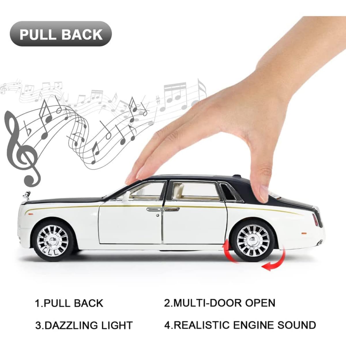 Rolls Royce Model Car 1:24 Scale Exclusive Alloy Metal Car Pull Back Die-cast Car Toy car with Openable Doors & Light Music Boys Toys for Kids (Rolls Royce Phantom White)