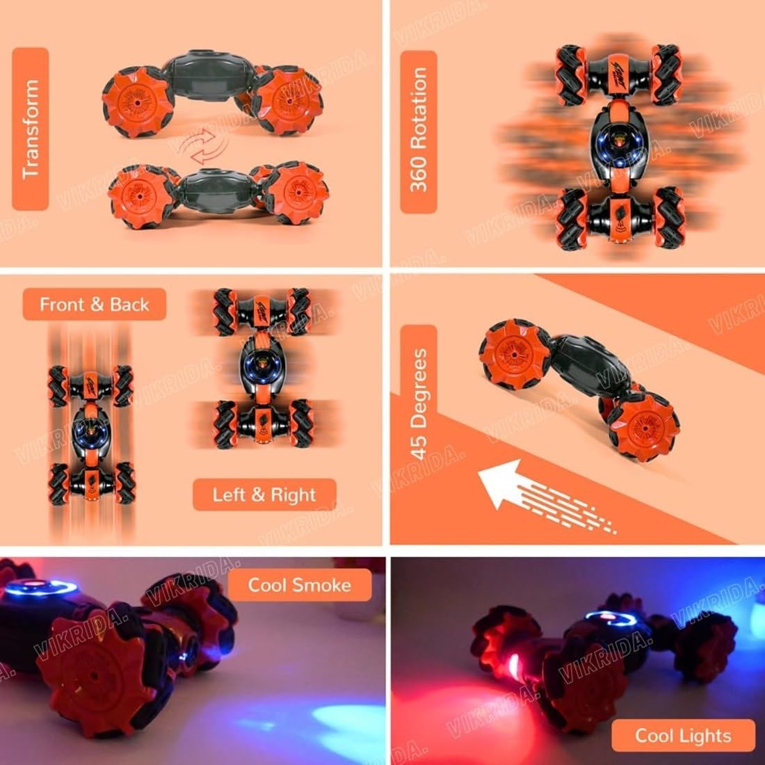 Stunt Car Toy with Gesture Sensing Twist and 2.4G Remote Control Technology - Orange - Double-Sided Car - Mini Deformation Toy Cars for Kids
