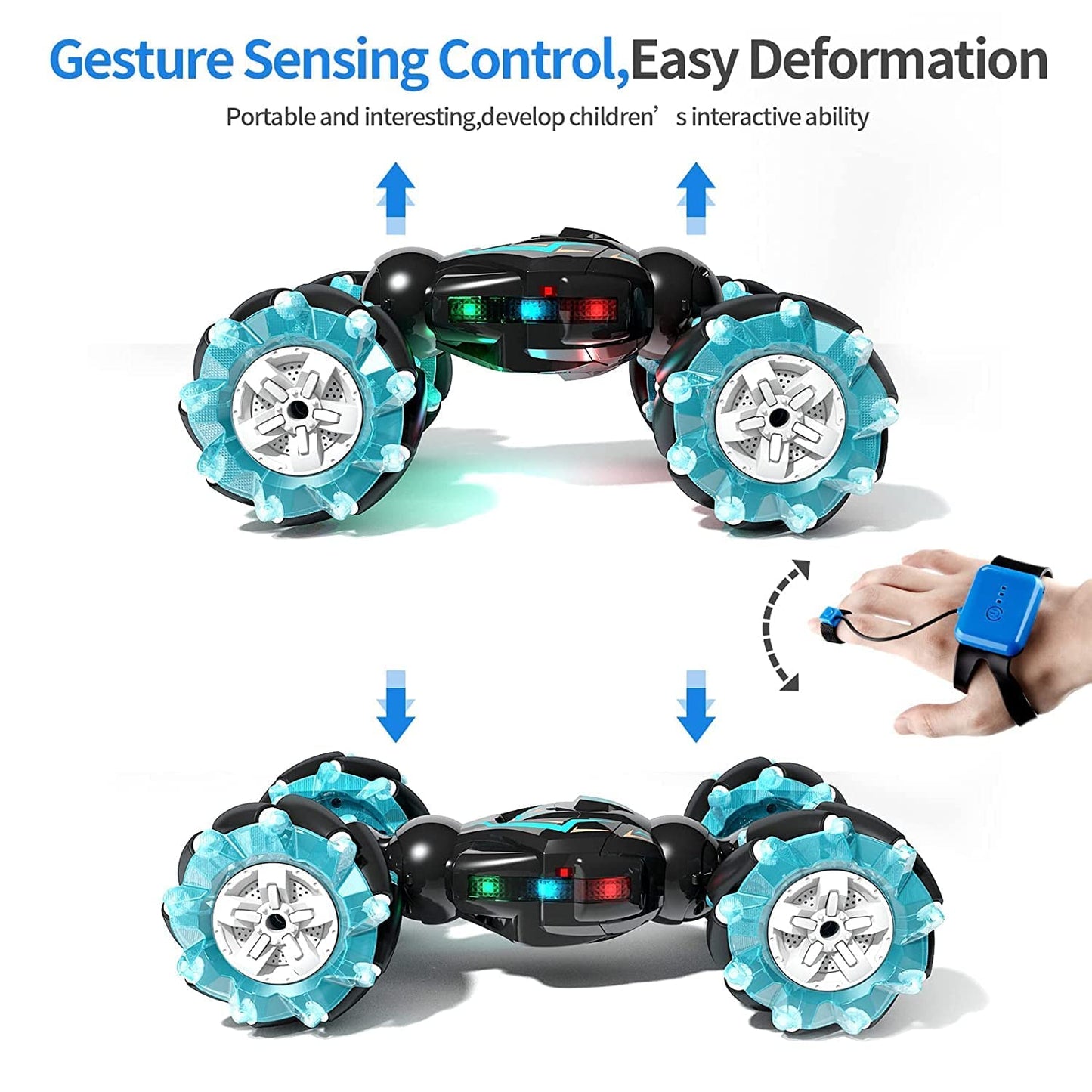 Rc Stunt Car, 2.4Ghz 4Wd Remote Control Gesture Sensor Toy, Double Sided Rotating Off Road Vehicle 360° Flips with Lights Music, for Boys