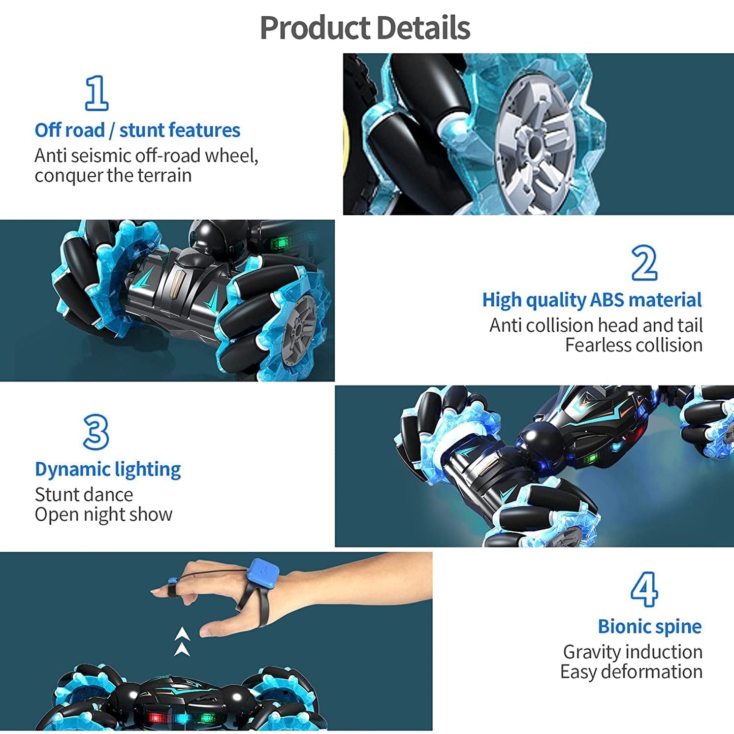 Rc Stunt Car, 2.4Ghz 4Wd Remote Control Gesture Sensor Toy, Double Sided Rotating Off Road Vehicle 360° Flips with Lights Music, for Boys
