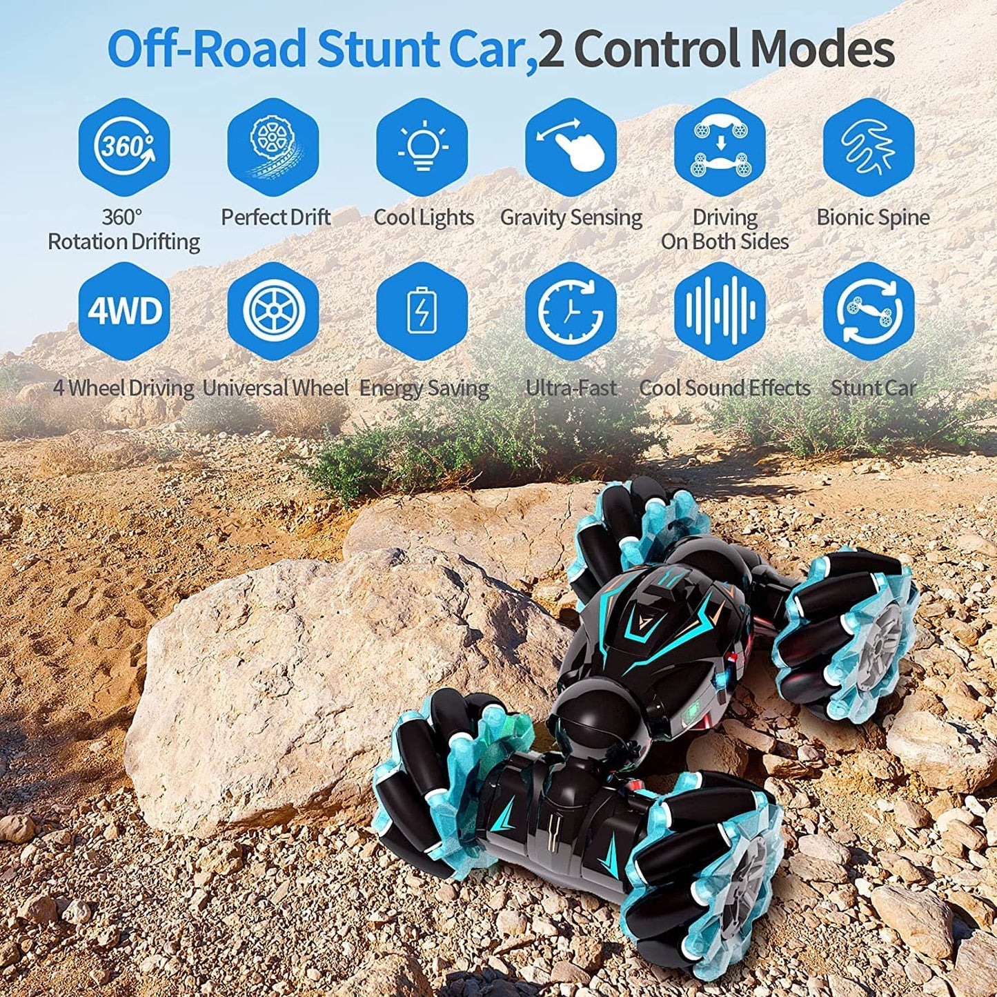 Rc Stunt Car, 2.4Ghz 4Wd Remote Control Gesture Sensor Toy, Double Sided Rotating Off Road Vehicle 360° Flips with Lights Music, for Boys